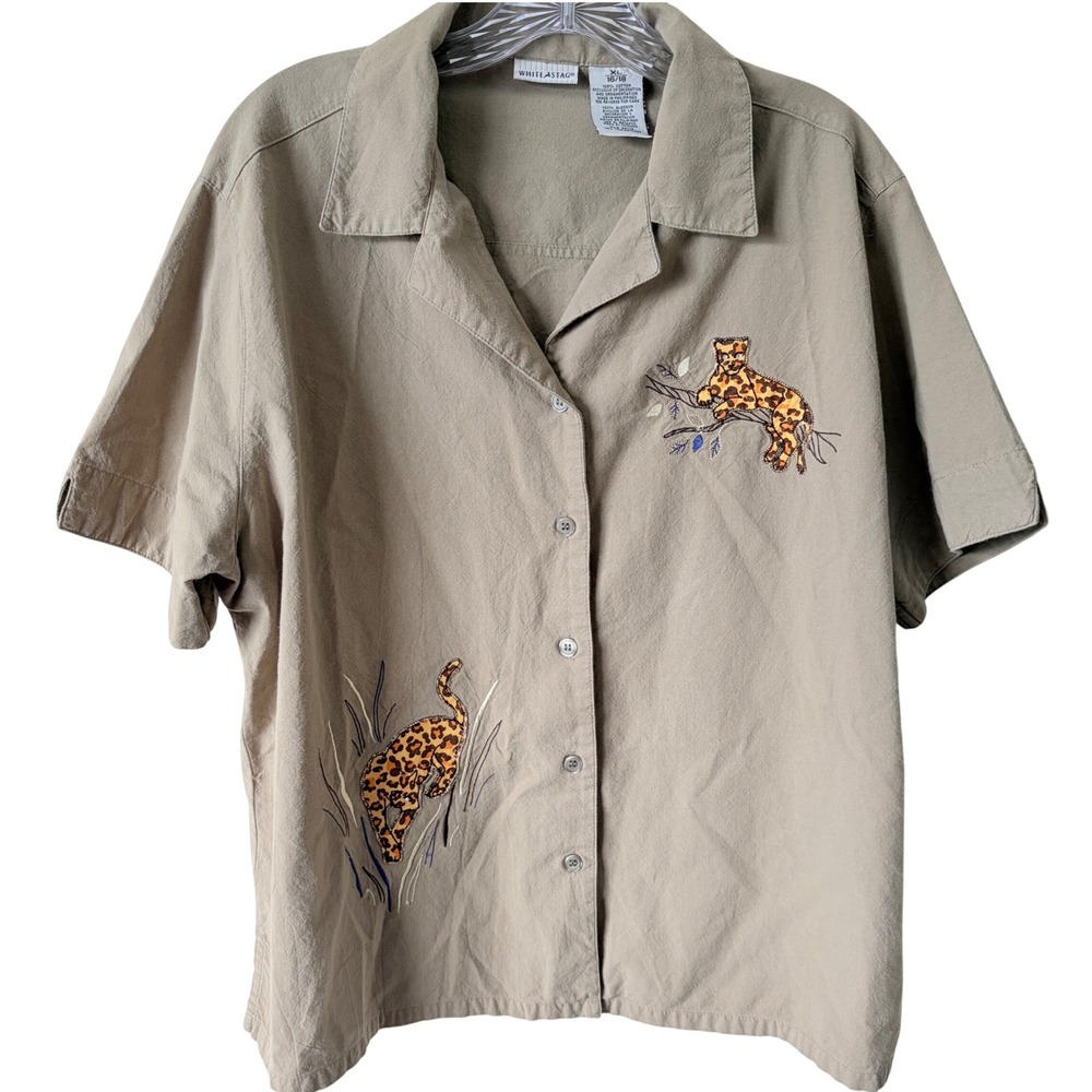 Vintage 90s White Stag Embroidered Leopard Safari Camp Shirt Blouse Top XL 16/18